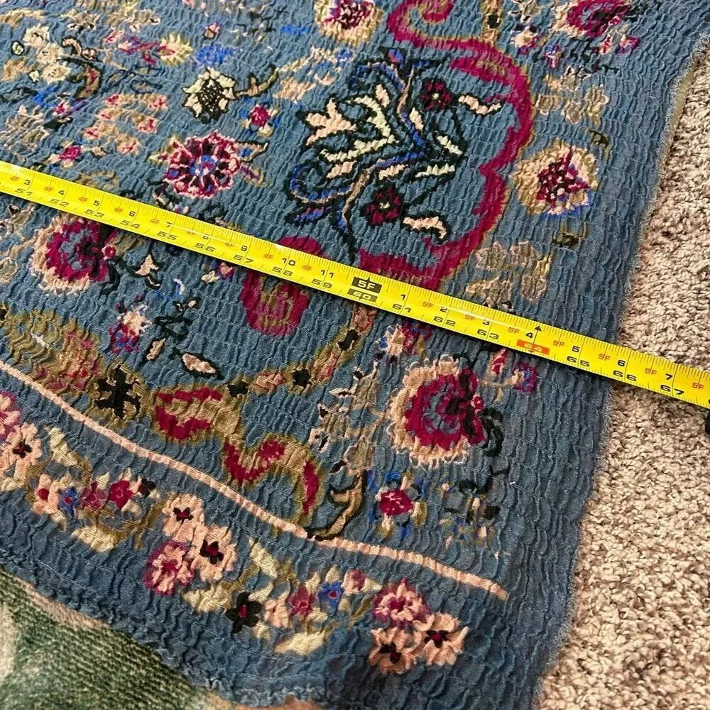 Wrap Scarf Womens One Size Blue Red Wool Blend Floral Print Crinkled Stretch
